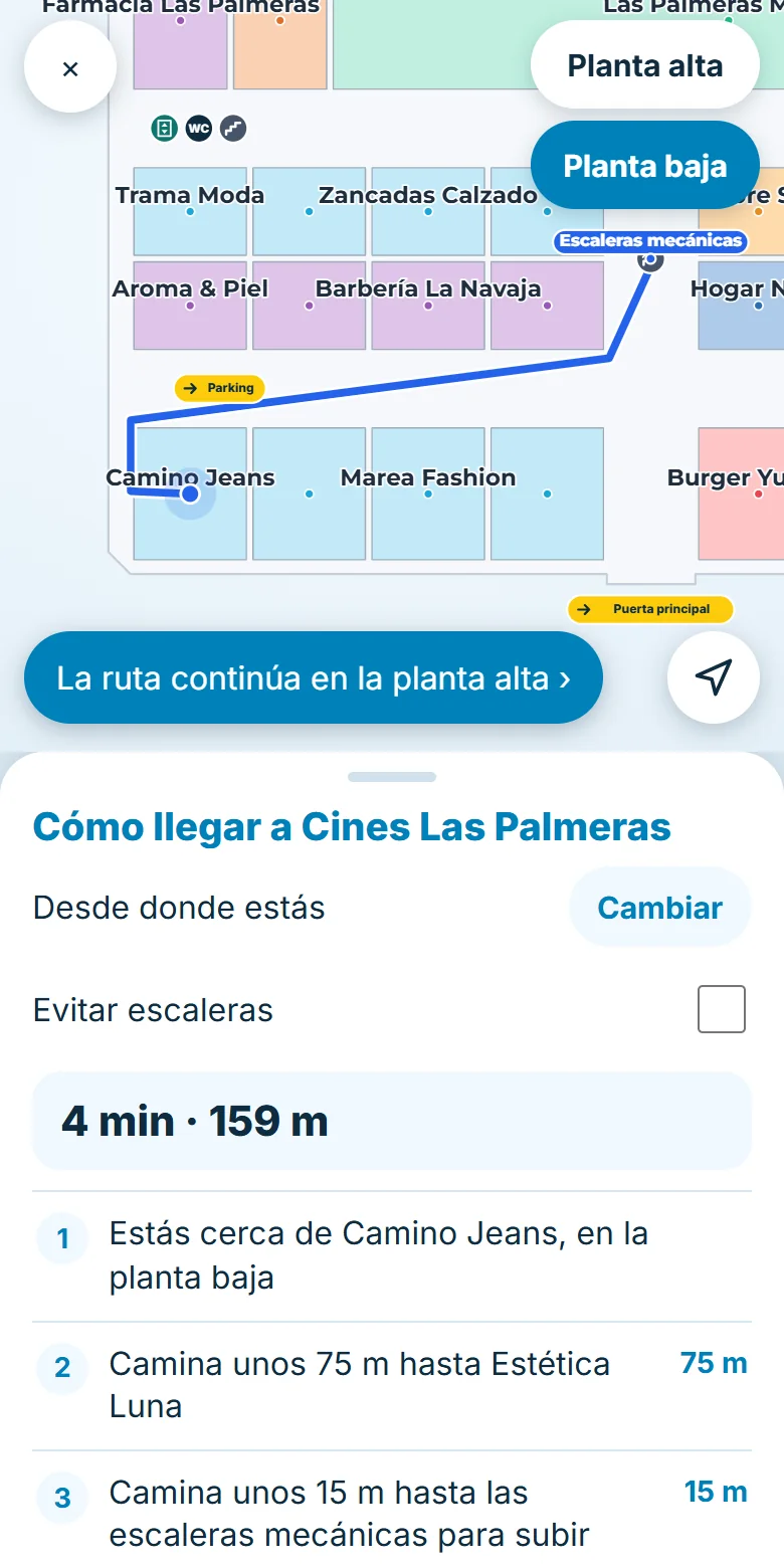 Mapa del centro con la ruta dibujada hasta el destino y los pasos