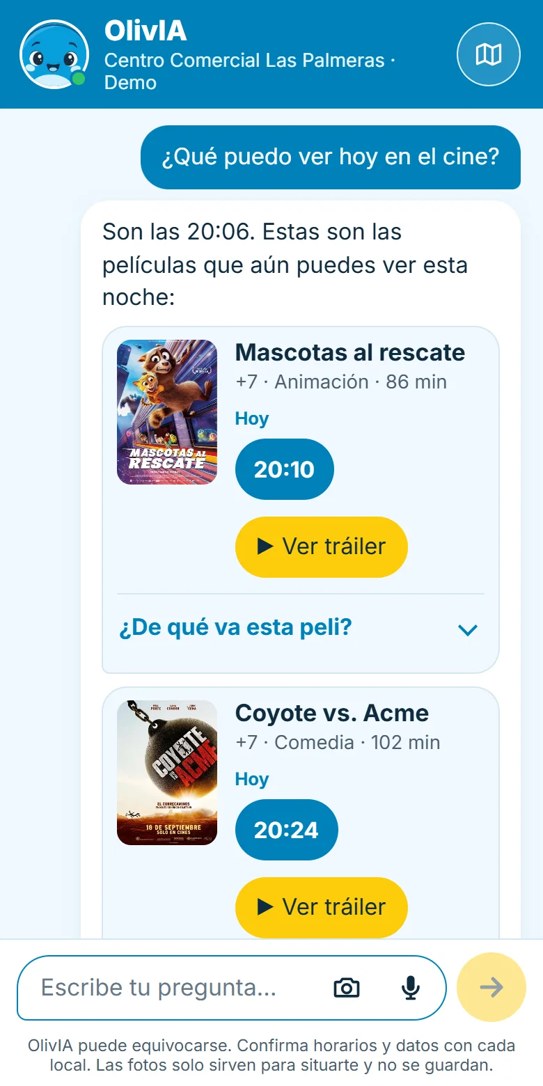 Cartelera del cine con sesiones y botón de tráiler