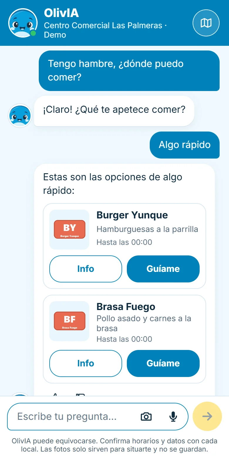 Resultados de dónde comer con los botones Info y Guíame
