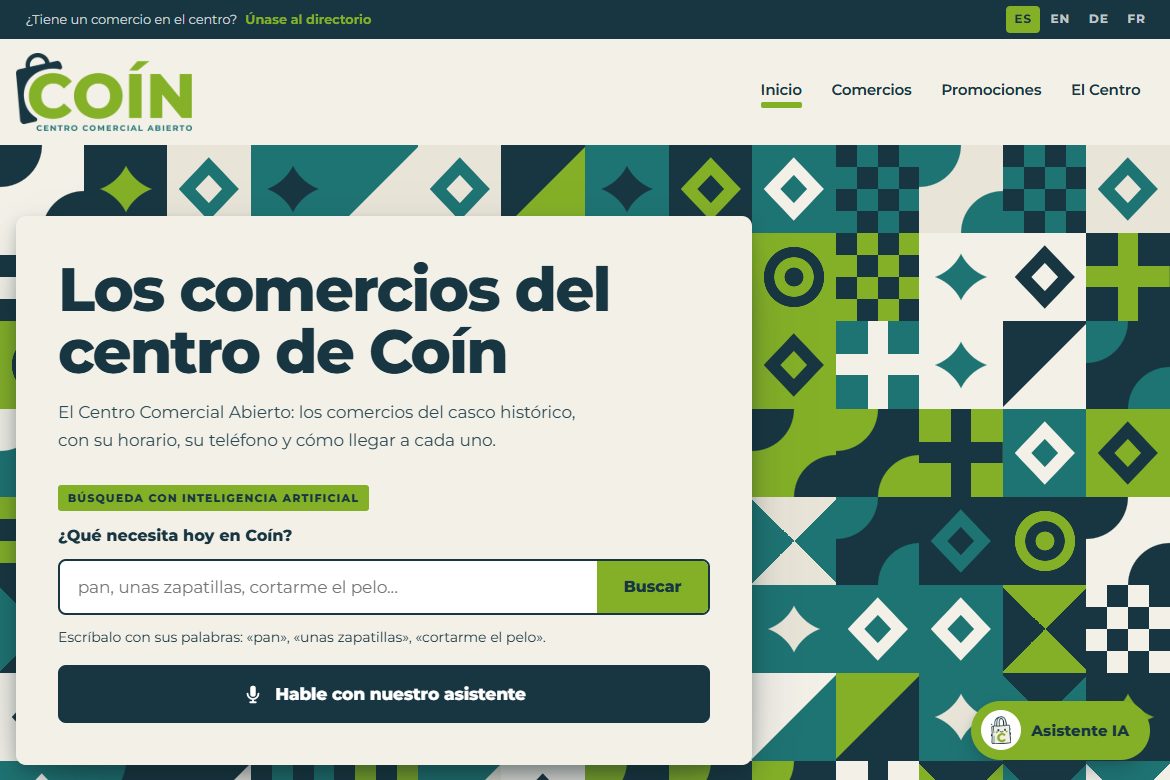 Web del Centro Comercial Abierto de Coín con su asistente Bolsín
